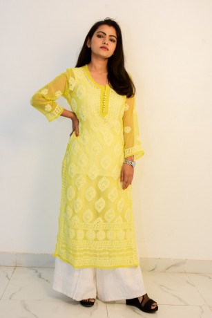 buy-hand-embroidered-lucknowi-chikan-yellow-georgette-kurti-big-0