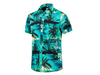 W Men's Hawaiian Shirt Short Sleeves Printed Button Down Summer Beach Dress Shirts